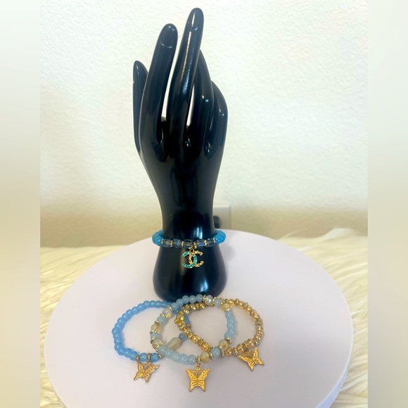 Jewelry - Elegant Blue and Gold Bracelet Set with Channel zipper pull.